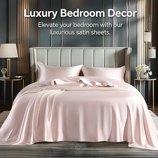 BEDELITE Satin Sheets Queen Size Bed Set, Luxury Soft Pink Silky Sheets for Hair and Skin, Similar to Silk Bed Sheets Set 4 Pieces with 1 Deep Pocket Fitted Sheet, 1 Flat Sheet, and 2 Pillowcases