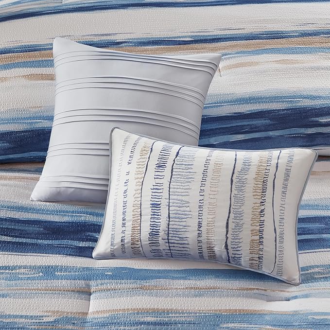 Madison Park Marina Comforter Quilt Combo Set - Modern Luxury Design, All Season Down Alternative Bedding, Matching Shams, Decorative Pillows, King/Cal King(104"x92") Seersucker Blue 8 Piece