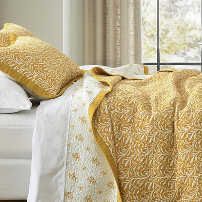 SahSahCasa Quilt Set King Size, 100% Cotton Quilt Bedding Set Bedspread, Botanical Pattern Solid Color Chic Lightweight Quilted Comforter for King Bed, Mustard Yellow, All Season, 3 Pieces