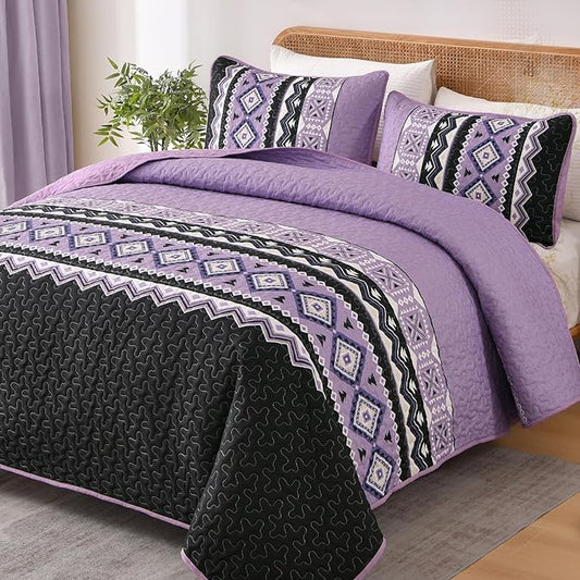 WONGS BEDDING 3 Pieces Quilt Set King Size, Purple Quilt Bedspread Lightweight Bohemian Coverlet Set with 2 Pillowcase, Soft Geometry Printed Bedding Set King for All Season 104"×90"
