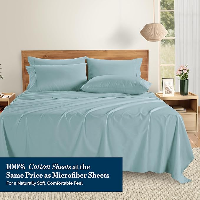 Casa Platino Cal King Sheets Sets – 100% Cotton Cal King Sheets Cooling with 4 Pillowcases, 15" Deep Pocket Fitted Sheet, Crisp & Smooth Feel, Ultra Soft & Cozy, Fit – Blue Sky