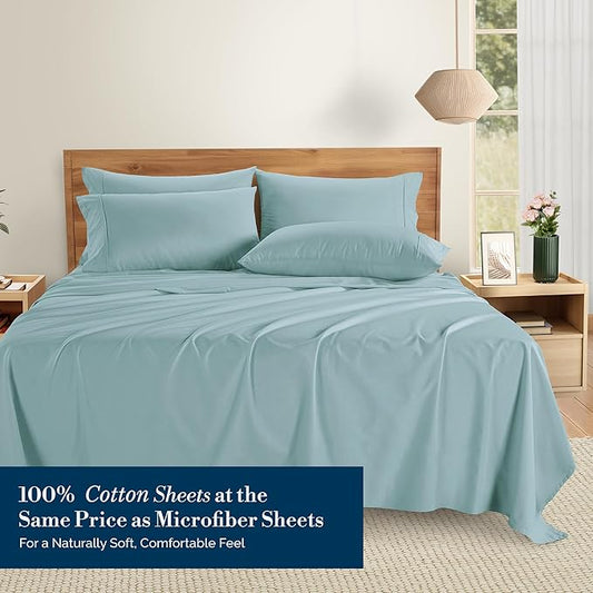 Casa Platino Cal King Sheets Sets – 100% Cotton Cal King Sheets Cooling with 4 Pillowcases, 15" Deep Pocket Fitted Sheet, Crisp & Smooth Feel, Ultra Soft & Cozy, Fit – Blue Sky