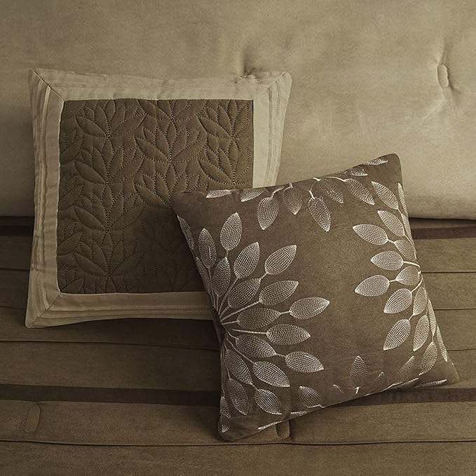 Madison Park Palmer Comforter Set - Faux Suede Design, Striped Accent, All Season Down Alternative Bedding, Matching Shams, Decorative Pillow, Bed Skirt, King (104 in x 92 in), Natural 7 Piece