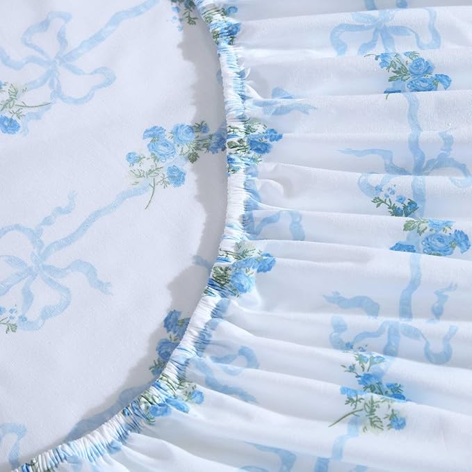 Laura Ashley - Full Sheet Set, Crisp & Cool Cotton Percale Bedding with Deep Pockets, Lightweight for Year Round Comfort, Bed Sheets with Matching Pillowcases (Floral Ribbon Blue)