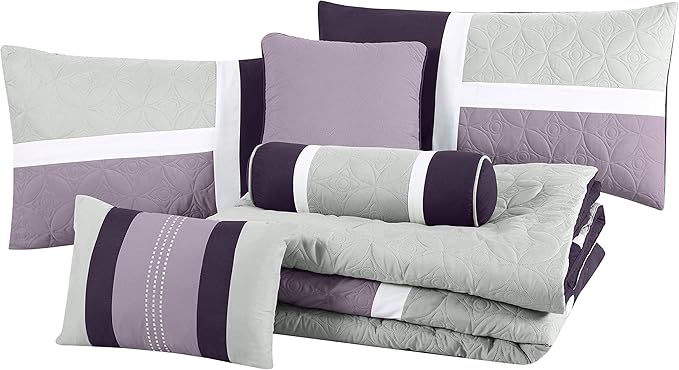Chezmoi Collection Upland 7-Piece Quilted Patchwork Comforter Set, Lavender/Gray/Purple, Full