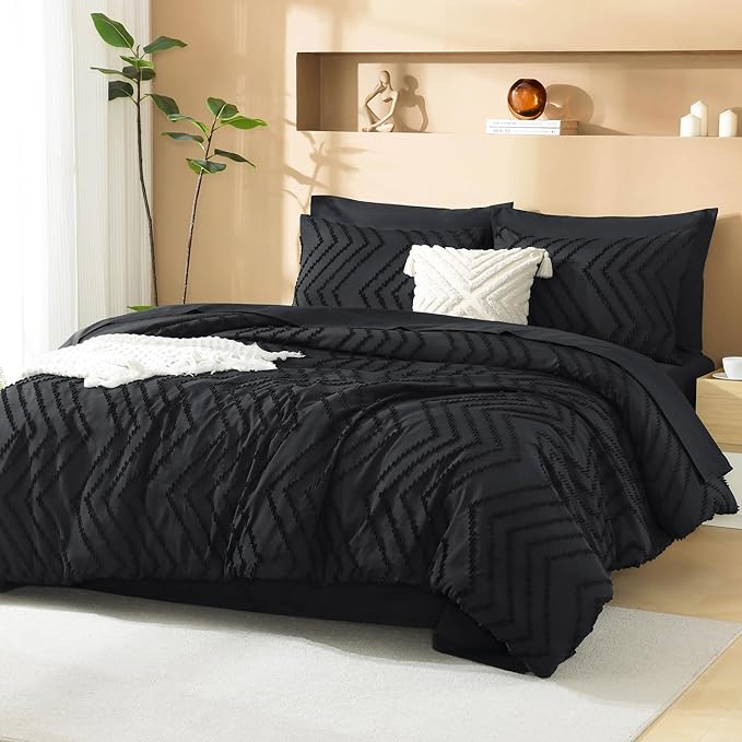 Litanika Black Full Size Comforter Set with Sheets - 7 Pieces Bed in a Bag Full Tufted Complete Bedding Sets with Comforter, Sheets, Pillowcases & Shams
