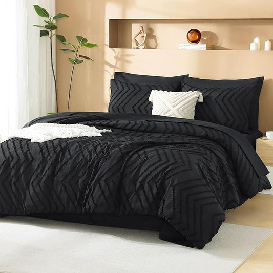 Litanika Black Full Size Comforter Set with Sheets - 7 Pieces Bed in a Bag Full Tufted Complete Bedding Sets with Comforter, Sheets, Pillowcases & Shams