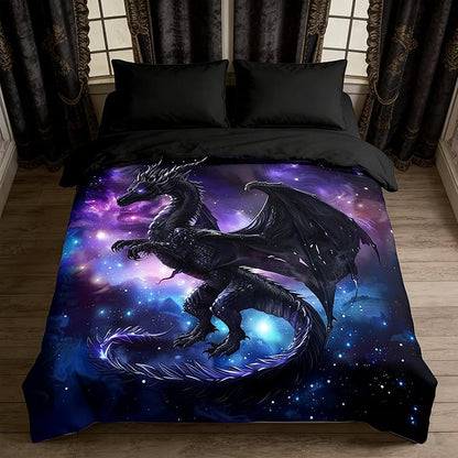 Fantasy Dragon Bedding Set Purple Blue Nebula Comforter Set Queen Size Mysterious Outer Space Bedding Set for Kids Boys Girls Teens Room Decor Safari Wildlife Animals Quilt Set