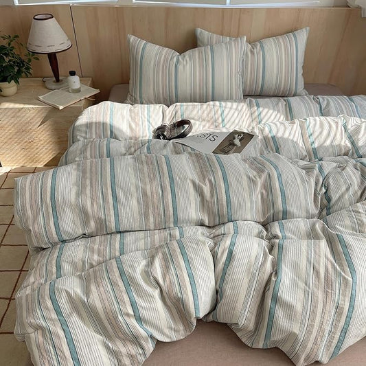 HighBuy Boho Stripe Comforter Set King Size, Grey Green Stripe Bedding Comforter with 2 Pillowcases,Fluffy Soft Washed Cotton King Bed Comforter Set for Women Men,All Season,Breathable