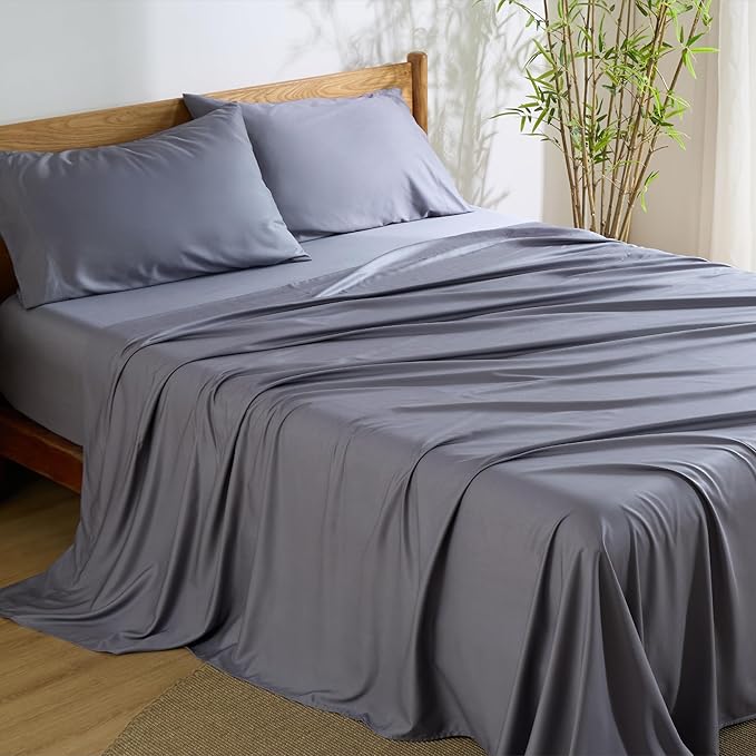 Bedsure California King Sheet Sets, Cooling Sheets, Rayon Derived from Bamboo, PureWoven, Breathable & Soft, Deep Pocket Up to 16 Inches, Hotel Luxury Silky Bedding for Hot Sleepers, Dark Grey