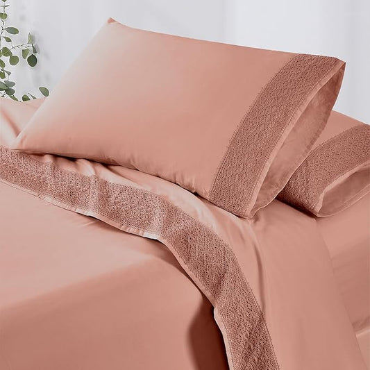 Modern Threads 4 Piece Microfiber Sheet Set – Soft Cooling Bed Sheets with Crochet Lace – Deep Pocket, Wrinkle Free, Breathable, Hotel Luxury Bedding, Rose Pink, Full