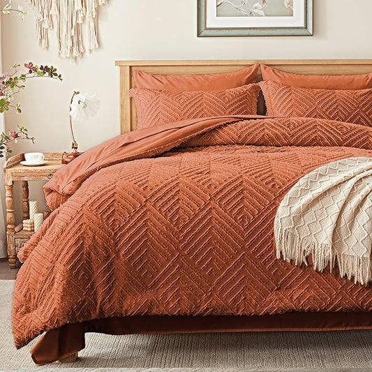 Zzlpp Full Comforter Set 7 Pieces, Burnt Orange Tufted Bed in a Bag with Comforter, 2 Pillow Shams, 2 Pillowcases, 1 Flat Sheet, 1 Fitted Sheet