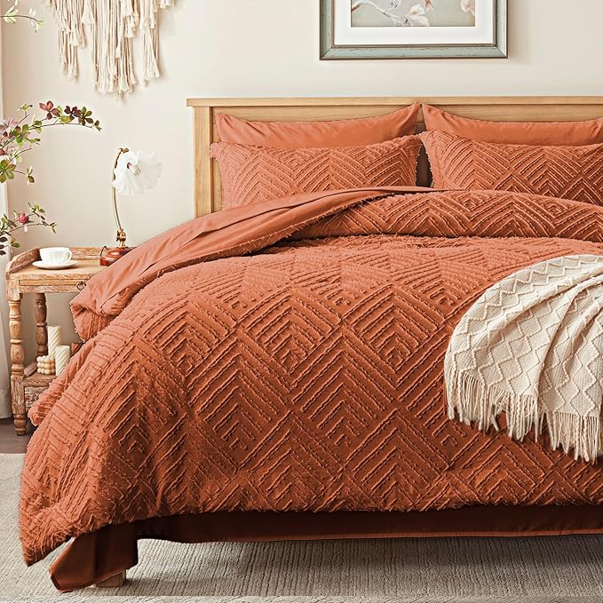 Zzlpp Twin Comforter Set 5 Pieces, Burnt Orange Tufted Bed in a Bag with Comforter and Sheets, All Season Boho Bedding Sets with 1 Comforter, 1 Pillow Sham, 1 Pillowcase, 1 Flat Sheet, 1 Fitted Sheet