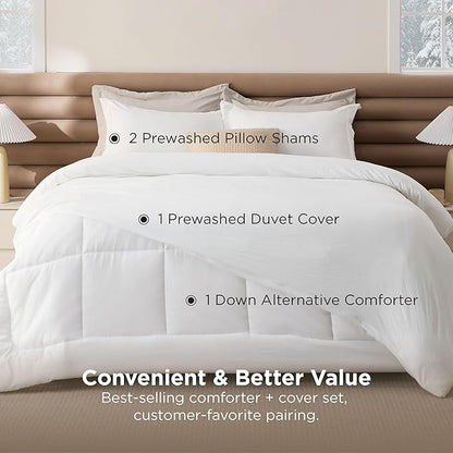 Bedsure Removable Cover with Comforter Duvet Insert Queen - 4 Pieces White Prewashed Soft Bedding Set for All Seasons Use, Includes 1 Duvet Cover, 1 Comforter, 2 Pillow Shams