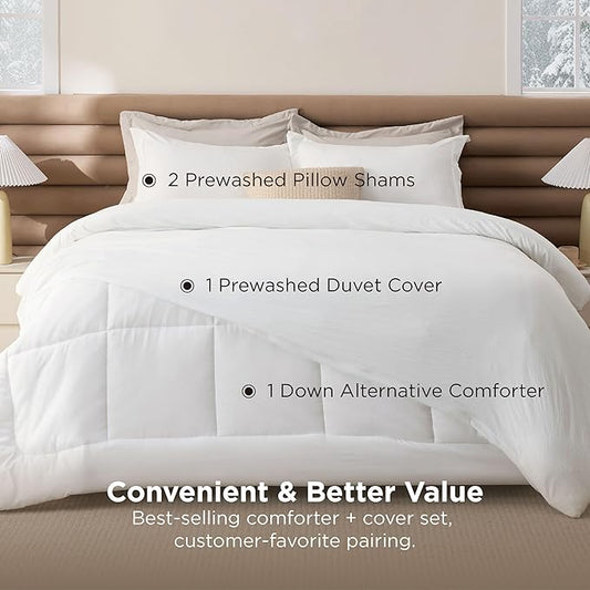 Bedsure Removable Cover with Comforter Duvet Insert Queen - 4 Pieces White Prewashed Soft Bedding Set for All Seasons Use, Includes 1 Duvet Cover, 1 Comforter, 2 Pillow Shams