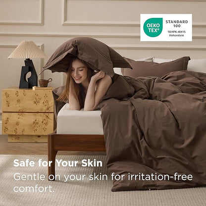 Bedsure 100% Washed Cotton Duvet Cover Queen Size - Brown Minimalist Bedding Set Linen Like - PureWoven Plain Simple & Soft Comforter Cover for All Seasons (Brown, Queen, 90"x90")