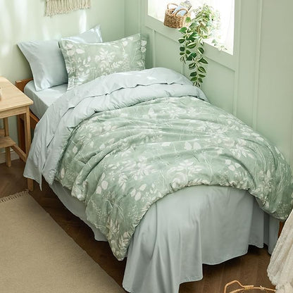 Bedsure Sage Green Twin XL Comforter Set - 5 Pieces Floral Bedding Sets Twin XL Bed in a Bag with Reversible Botanical Flowers Comforter, Sheets, Pillowcase & Sham