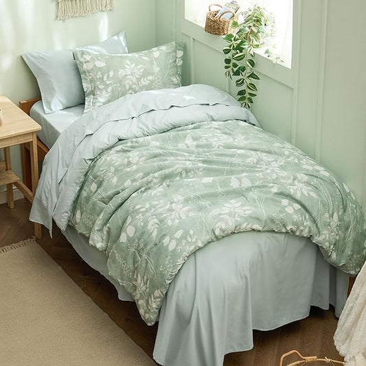 Bedsure Sage Green Twin XL Comforter Set - 5 Pieces Floral Bedding Sets Twin XL Bed in a Bag with Reversible Botanical Flowers Comforter, Sheets, Pillowcase & Sham