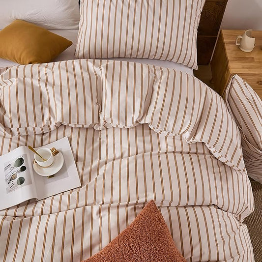 Merryword Striped Duvet Cover Set King Size 3 Pieces 100% Cotton Duvet Cover Set with Beige and Terracotta Vertical Stripe Design,Soft Lightweight Reversible Bedding Set for All Seasons