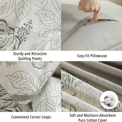 Vintage Botanical Cotton Comforter Queen Size 3PC - Elegant Floral Sketch on Ivory White with Tan Herringbone Reverse – Reversible Lightweight Comforter Set with Soft Fill(90"×90")