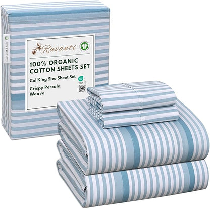 RUVANTI 100% Organic Cotton Sheets California King, Percale Weave, GOTS Certified, 4-Piece Set, Deep Pocket 13", Crisp & Breathable, Soft Durable Bedding, Sábanas Algodón Orgánico – Nautical Stripes