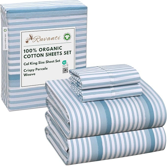 RUVANTI 100% Organic Cotton Sheets California King, Percale Weave, GOTS Certified, 4-Piece Set, Deep Pocket 13", Crisp & Breathable, Soft Durable Bedding, Sábanas Algodón Orgánico – Nautical Stripes