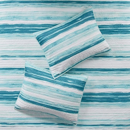 Madison Park Quilt Set Cottage Coastal Design, 6 Piece Set - All Season, Coverlet Bedspread Lightweight Bedding Layer, Shams, Toss Pillows, Full/Queen(90 in x 90 in), Aqua/White