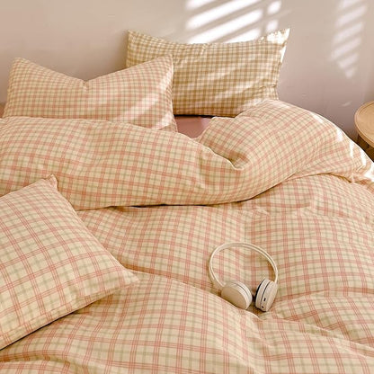 Pink Plaid Duvet Cover Set Twin XL 100% Cotton Muslin Gingham Duvet Cover Pink Green Grid Checkered Plaid Bedding Set Linen Like Gauze Breathable Soft Comforter Cover Farmhouse Gingham Bedding Set