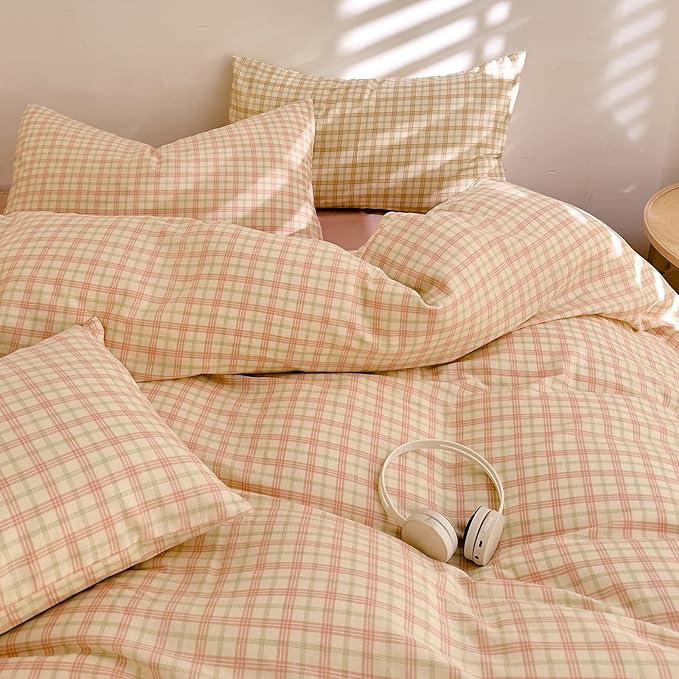 Pink Plaid Duvet Cover Gingham Bedding Set Full 100% Cotton Muslin Vintage Plaid Checkered Comforter Cover Linen Like Breathable Gauze Duvet Cover with 2 Pillowcases Farmhouse Grid Bedding Set Full