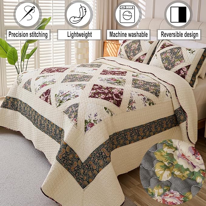Cmfshape Floral Quilt Sets Bedspread Set 100% Cotton Patchwork Bedding Set,All Season Use Lightweight Reversible Coverlet Quilts with 2 Pillow Shams(Queen 92"x96")