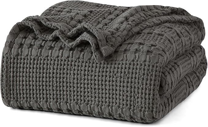PHF 100% Cotton Waffle Weave Blanket Queen Size for Bed, Soft Lightweight & Breathable for Spring and Summer, All-Season Comfort, Luxury Aesthetic Blanket for Home Decor, 90"x90", Charcoal Grey