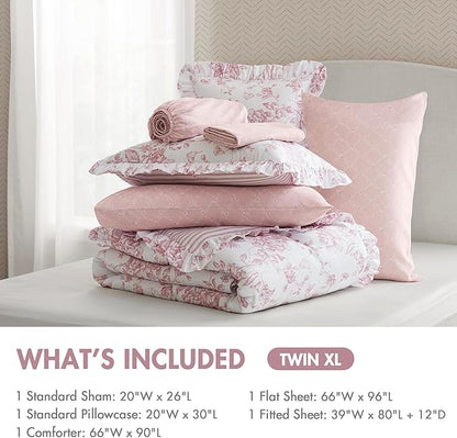 Madison Park Essentials Adele Pink Floral Twin XL Size Comforter Set – Vintage Bed in a Bag with Sheets, Reversible Ruffle Bedding, Elegant Gift for Her