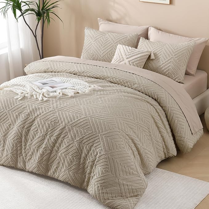 Andency Oversized King Comforter 128''x120'', 3 Pieces Oatmeal Boho Bedding Set & Collections, All Season Soft Farmhouse Tufted Fluffy Bed Set (1 Comforter, 2 Pillowcases)