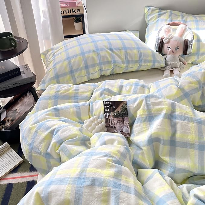 EAVD Buffalo Plaid Duvet Cover Twin Soft Washed Cotton Bedding Set Yellow Blue Grid Checkered Bedding Set with 2 Pillowcases Vintage Style Gingham Duvet Cover with Zipper Closure