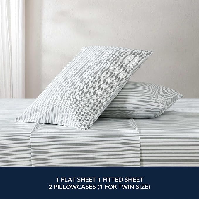 Nautica - Twin XL Bed Sheets, Lightweight Cotton Percale Bedding Set with Matching Pillowcase, Crisp & Cool, Dorm Essentials, Oeko-Tex Certified (Coleridge Stripe Green)