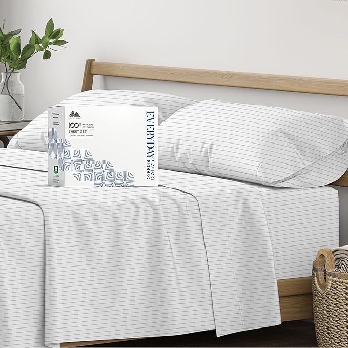 Mayfair Linen 100% Organic Cotton Printed Sheets King Size - Percale Weave Cotton King Size Sheet Set (4 PC, Light Grey Pinstripe), Soft & Crisp, GOTS Certified, Cooling Sheets, 16" Deep Pocket