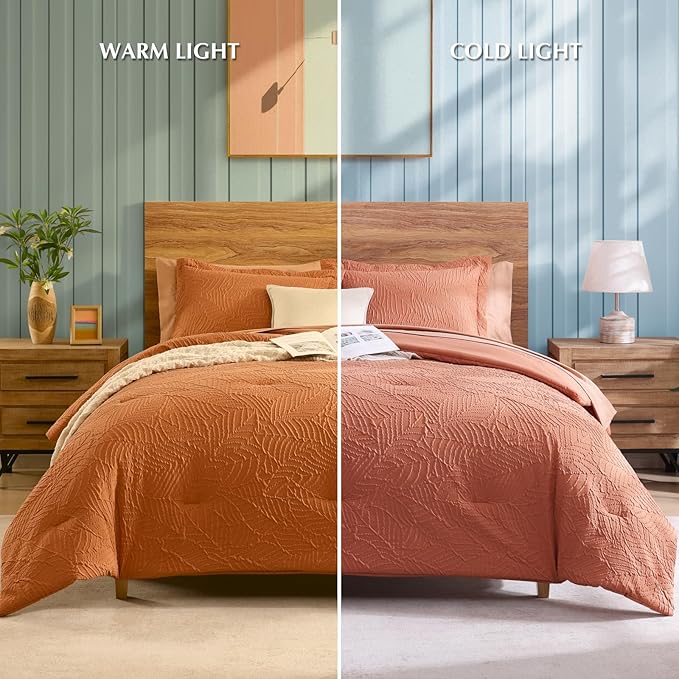 Geniospin Full Size Comforter Set - 7 Pieces Burnt Orange Bedding Set, Botanical Textured Comforter Set, All Season Lightweight Bed in a Bag with Comforter, Sheets, Pillowcases & Shams