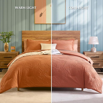 Geniospin Full Size Comforter Set - 7 Pieces Burnt Orange Bedding Set, Botanical Textured Comforter Set, All Season Lightweight Bed in a Bag with Comforter, Sheets, Pillowcases & Shams
