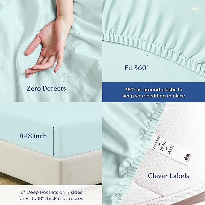 Mayfair Linen 100% Organic Cotton Sheets Queen Size - 4 PC Organic Cotton Percale Sheets Queen Set (Sea Foam), Soft, Cooling & Breathable Bedsheets, 16" Deep Pocket Hotel Bedding Set - GOTS Certified