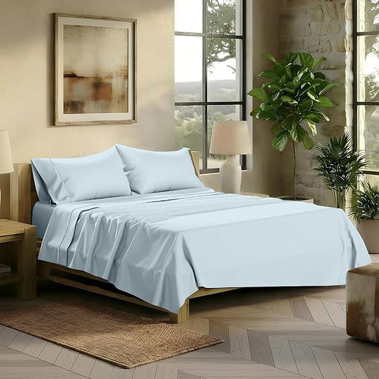 TEXAS LINEN CO. 100% Egyptian Cotton Sheets Queen Size - 2000 Series Luxury Queen Bed Sheet Set, Silky Soft Cooling Sateen Weave, 17” Extra Deep Pocket Hotel Collection Sheets (4 Pc, Light Blue)