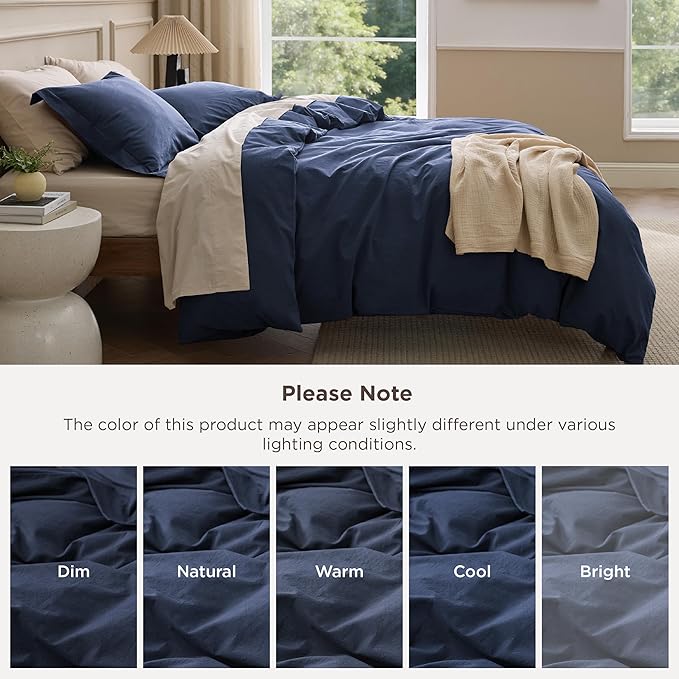 Bedsure 100% Washed Cotton Duvet Cover Full Size - Navy Minimalist Bedding Set Linen Like - PureWoven Plain Simple & Soft Comforter Cover for All Seasons (Navy, Full, 80"x90")
