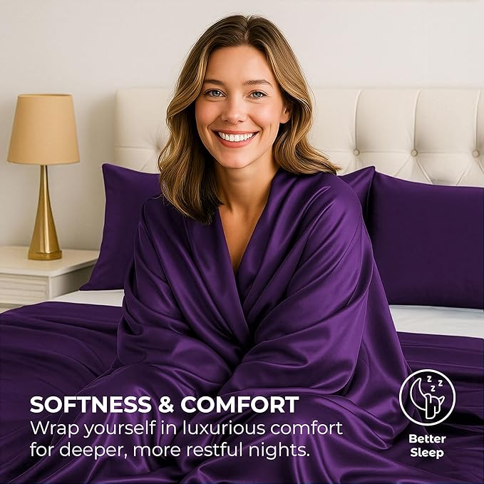 Pure Bedding Satin Sheets Full [4-Piece, Purple] Hotel Luxury Silky Bed Sheets - Extra Soft 1800 Microfiber Sheet Set, Wrinkle, Fade, Deep Pocket Fitted Sheet, Flat Sheet, Pillow Cases