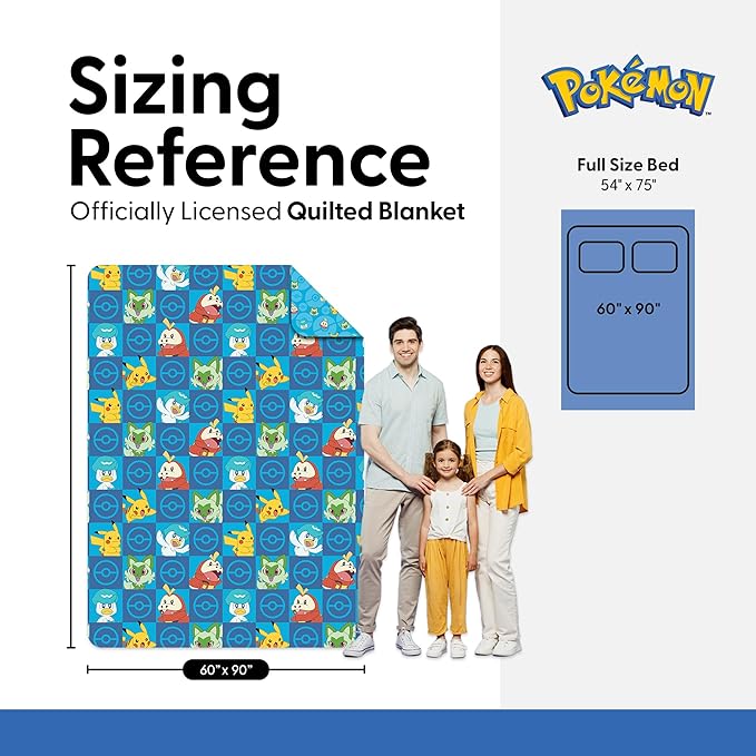 Pokemon Power Squares Twin Quilted Throw Blanket Adults Boys Girls, Soft Lightweight Bedding for Bed, or Couch, 60 x 90 inches