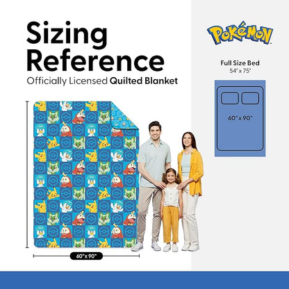 Pokemon Power Squares Twin Quilted Throw Blanket Adults Boys Girls, Soft Lightweight Bedding for Bed, or Couch, 60 x 90 inches