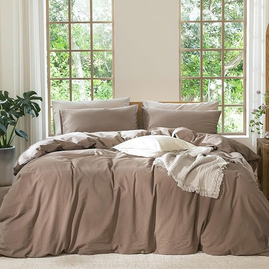 MooMee Bedding Duvet Cover Set 100% Washed Cotton Linen Like Textured Breathable Durable Soft Comfy (Solid Brown, Super King Plus 120"x120")