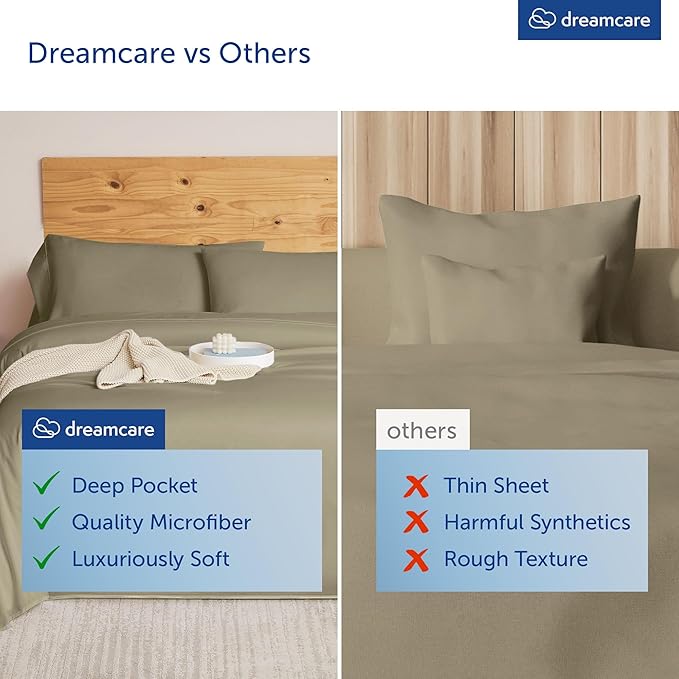DREAMCARE Queen Sheet Set – 6 pcs Cooling Bed Sheets – up to 21” Deep Pocket Queen Sheets Set – 2500 Supreme Collection – Extra Soft 100% Brushed Microfiber Hotel Luxury with Side Pocket, Eucalyptus