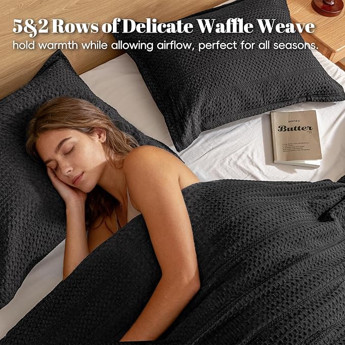 PHF Soft Waffle Comforter Set Queen Size- Comfy Breathable Waffle Weave Comforter with 2 Pillow Shams, 3 Pieces Less Snagging Lightweight Textured Bedding Set for All Season, Black