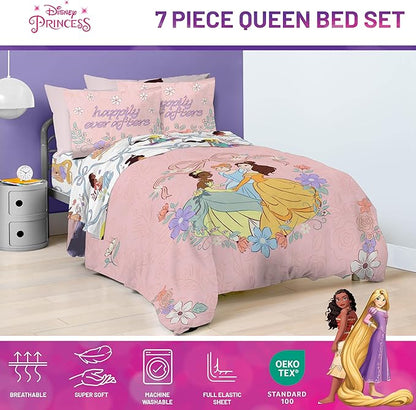 Jay Franco Kids Comforter Set Includes Sheets and Pillow Covers - Soft and Cozy Bed Set for Stylish Room Decor, Pink – Disney Princess, 7 Piece Queen