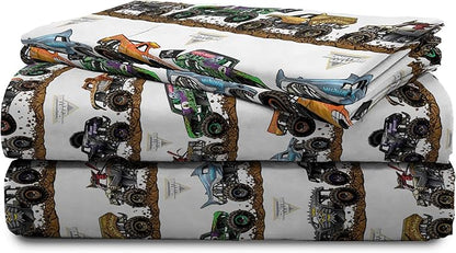 Jay Franco Kids Sheet Set with Fitted, Flat Sheets & Pillow Cover - Ultra-Soft Bedding with Pillowcase for Room Decor, Multi - Monster Jam, 4 Piece Queen