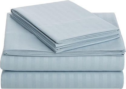 Amazon Basics Soft, Breathable, Wrinkle-Free Brushed Microfiber 4-Piece Bed Sheet Set, Machine Washable, Queen Size, Spa Blue Striped